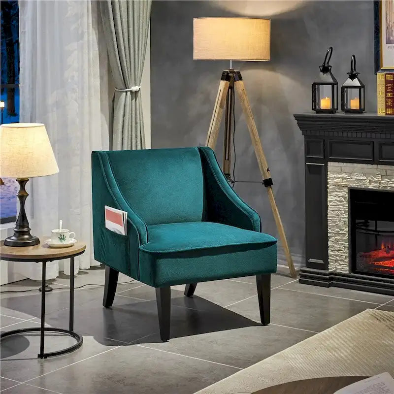 Fauteuil d'appoint moderne en velours avec pieds en bois d'hévéa – Fauteuil rembourré pour salon