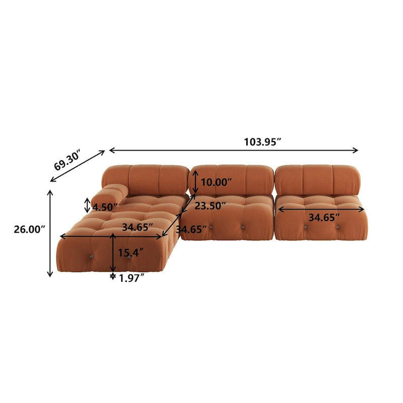 Canapé d'angle modulable réversible en velours, orange