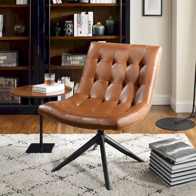 Fauteuil d'appoint sans accoudoirs pivotant à 360° | Similicuir | Base en acier noir | Bureau à domicile et Salon