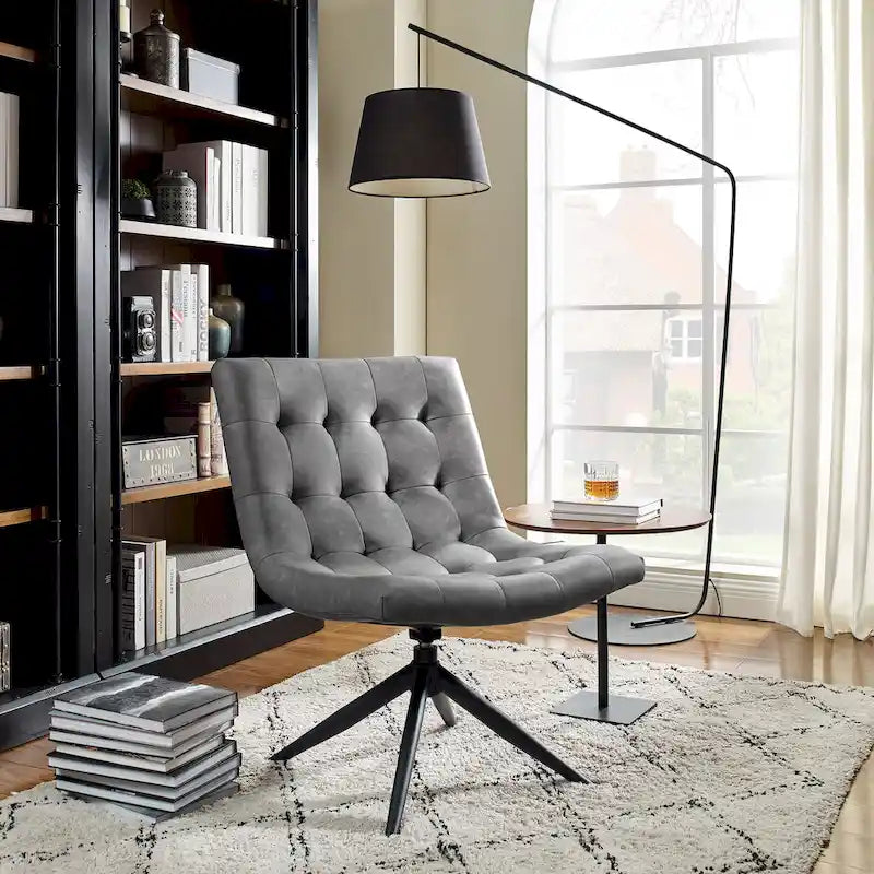 Fauteuil d'appoint sans accoudoirs pivotant à 360° | Similicuir | Base en acier noir | Bureau à domicile et Salon