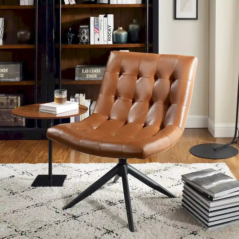 Fauteuil d'appoint sans accoudoirs pivotant à 360° | Similicuir | Base en acier noir | Bureau à domicile et Salon