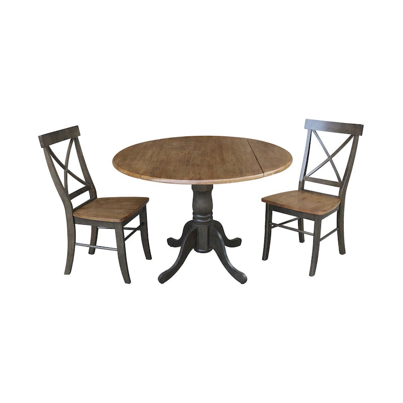 Ensemble de salle à manger 3 pièces avec table à rallonges en parawood massif de 42 po et 2 chaises à dossier croisé | Plateau de boucher