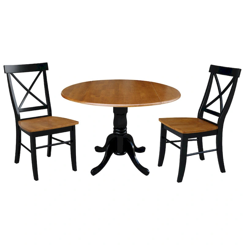 Ensemble de salle à manger 3 pièces avec table à rallonges en parawood massif de 42 po et 2 chaises à dossier croisé | Plateau de boucher