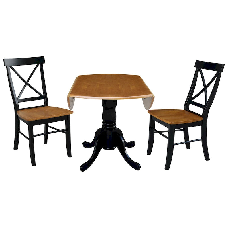 Ensemble de salle à manger 3 pièces avec table à rallonges en parawood massif de 42 po et 2 chaises à dossier croisé | Plateau de boucher