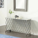 Console de 140 cm en fer argenté géométrique avec plateau en verre miroir | Entrée | Capacité de 45 kg