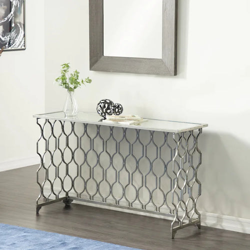 Console de 140 cm en fer argenté géométrique avec plateau en verre miroir | Entrée | Capacité de 45 kg
