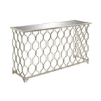 Console de 140 cm en fer argenté géométrique avec plateau en verre miroir | Entrée | Capacité de 45 kg