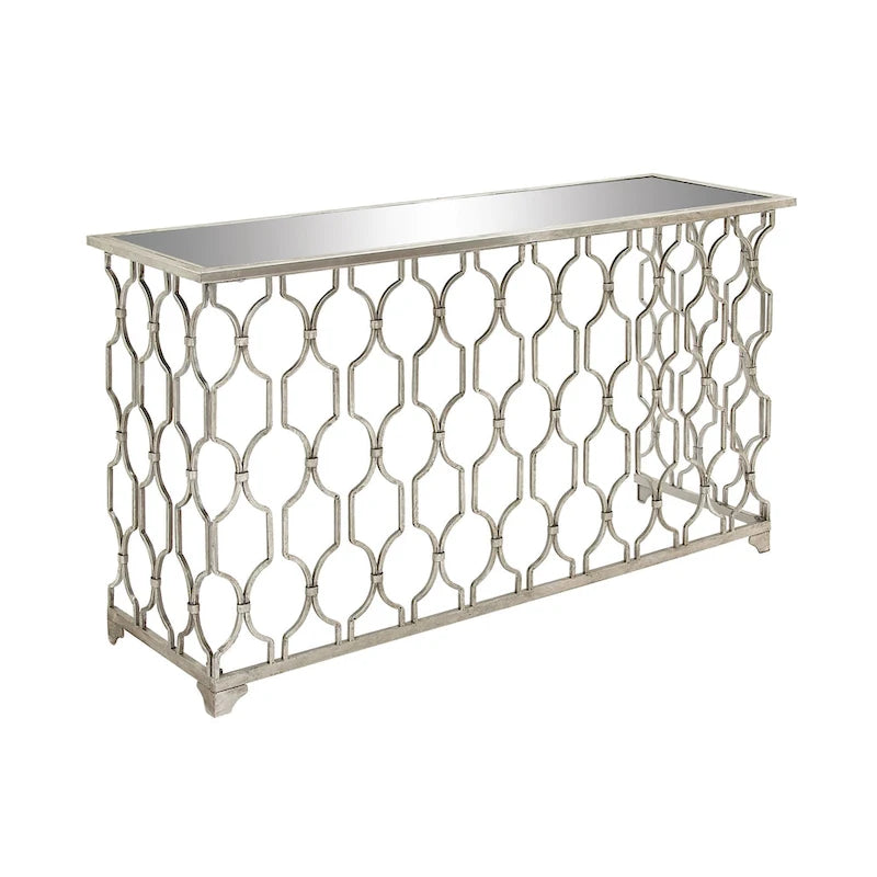 Console de 140 cm en fer argenté géométrique avec plateau en verre miroir | Entrée | Capacité de 45 kg
