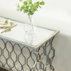 Console de 140 cm en fer argenté géométrique avec plateau en verre miroir | Entrée | Capacité de 45 kg