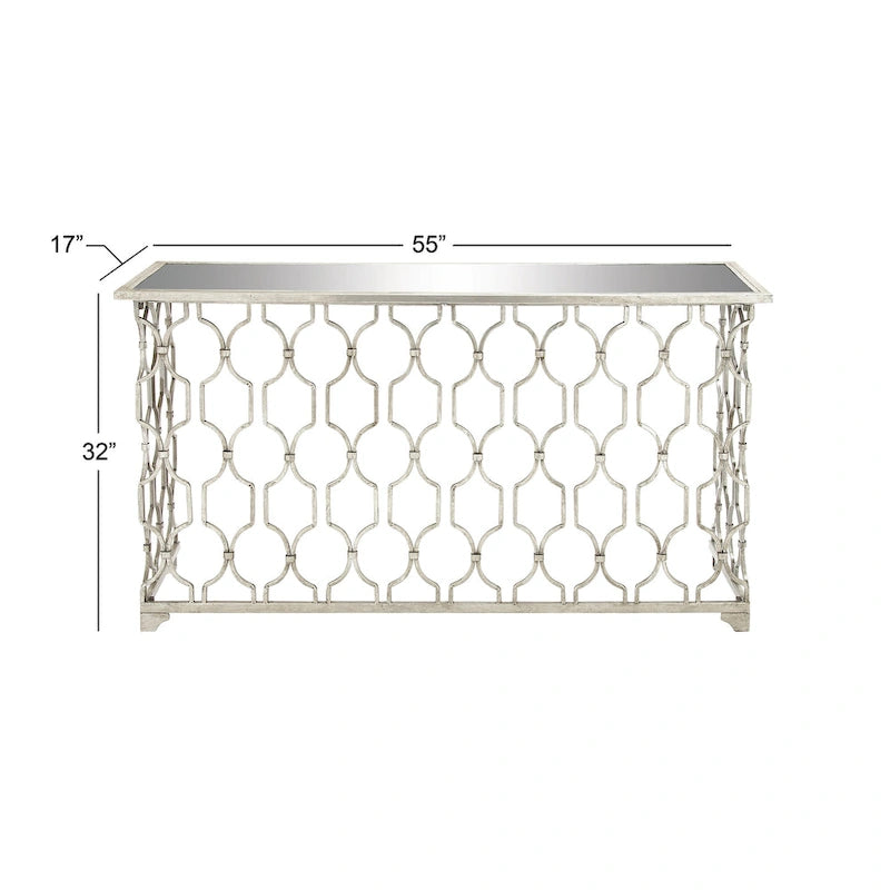 Console de 140 cm en fer argenté géométrique avec plateau en verre miroir | Entrée | Capacité de 45 kg