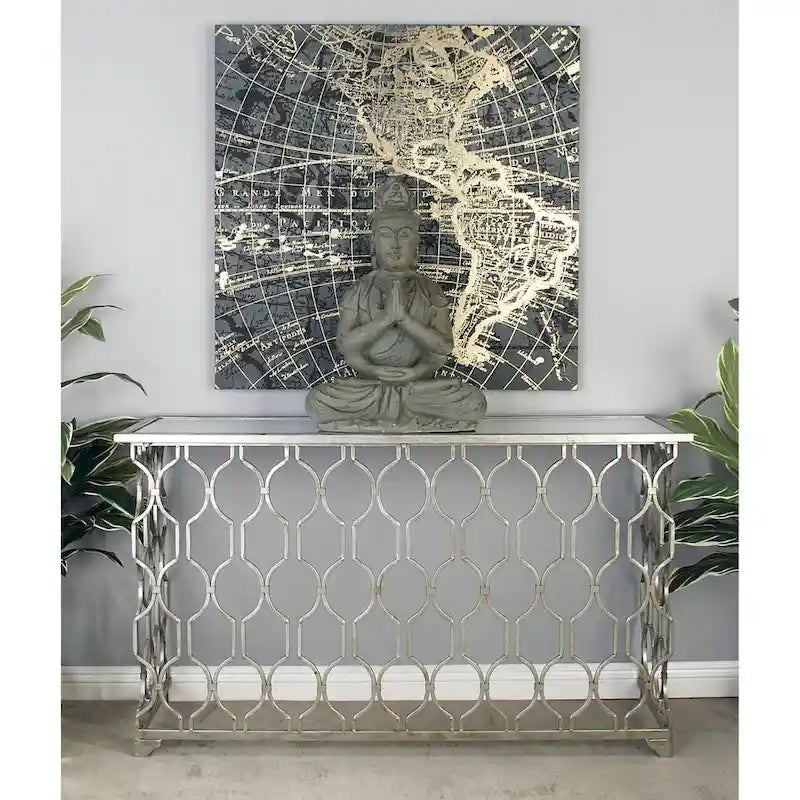 Console de 140 cm en fer argenté géométrique avec plateau en verre miroir | Entrée | Capacité de 45 kg