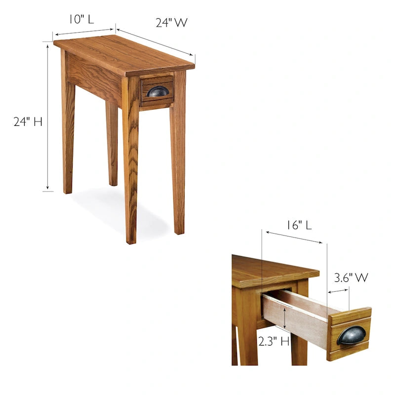 Table d'appoint étroite avec 1 tiroir et poignée coquille – Table d'appoint mince en bois massif