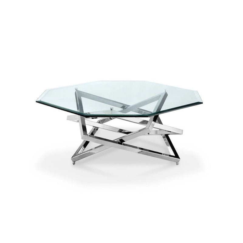 Table basse moderne en métal chromé et verre biseauté | Pied central | 40"x40"x17" | Transparent