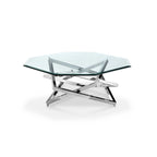 Table basse moderne en métal chromé et verre biseauté | Pied central | 40"x40"x17" | Transparent