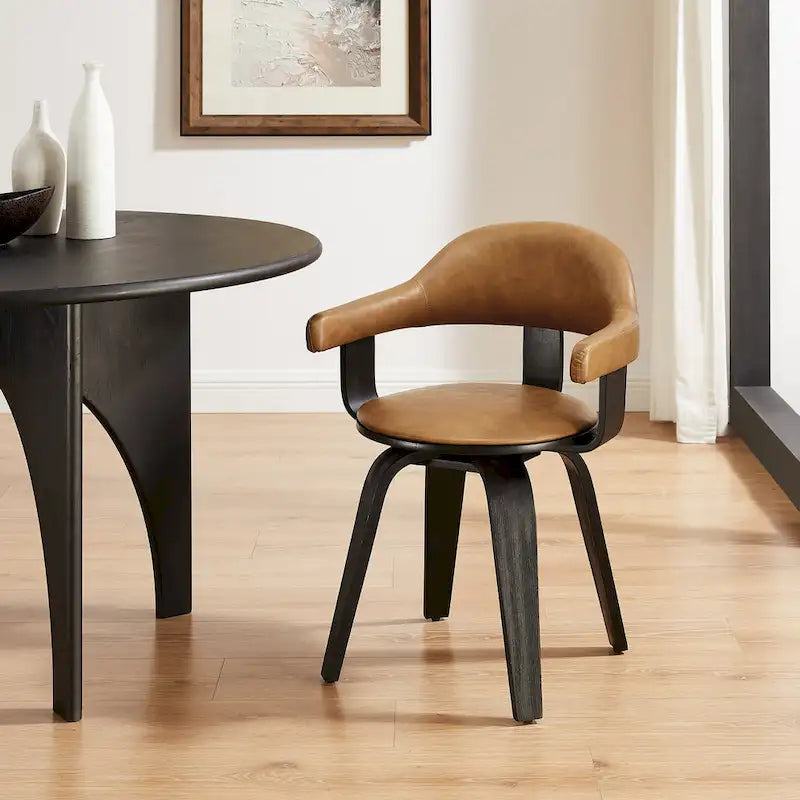 Fauteuil pivotant 360° accent mi-siècle | Bois de peuplier massif | Similicuir ou bouclette | Polyvalent