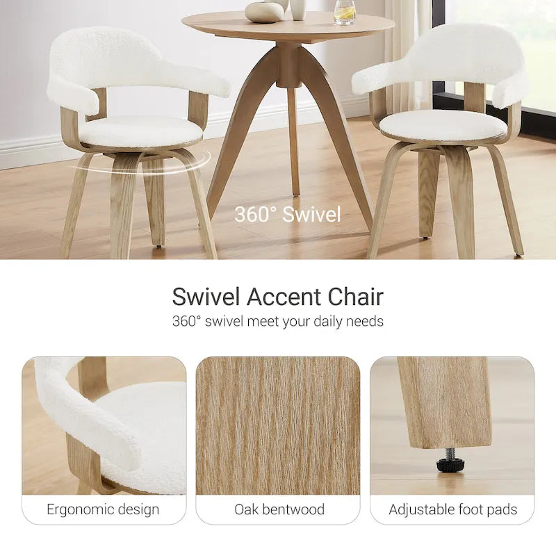 Fauteuil pivotant 360° accent mi-siècle | Bois de peuplier massif | Similicuir ou bouclette | Polyvalent