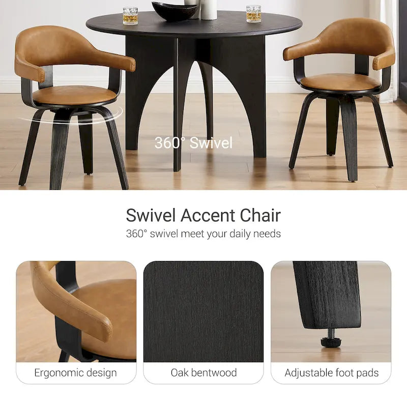 Fauteuil pivotant 360° accent mi-siècle | Bois de peuplier massif | Similicuir ou bouclette | Polyvalent