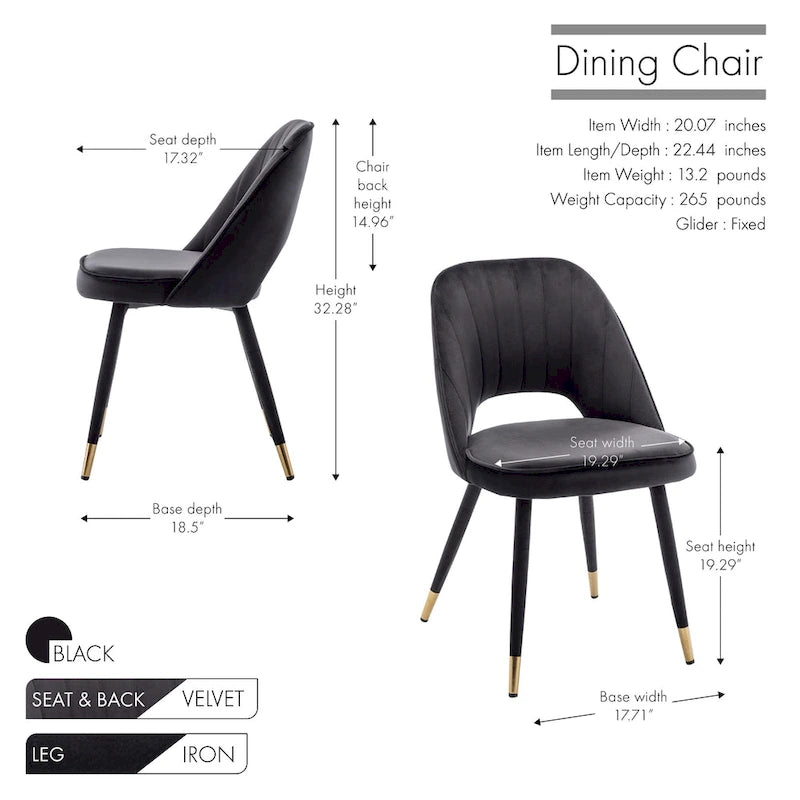 Chaises de salle à manger capitonnées en velours avec embouts dorés, lot de 2 | Sans accoudoirs | 120 kg | 4 coloris