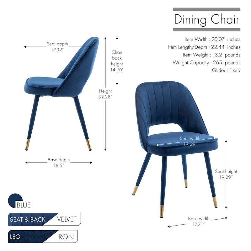Chaises de salle à manger capitonnées en velours avec embouts dorés, lot de 2 | Sans accoudoirs | 120 kg | 4 coloris