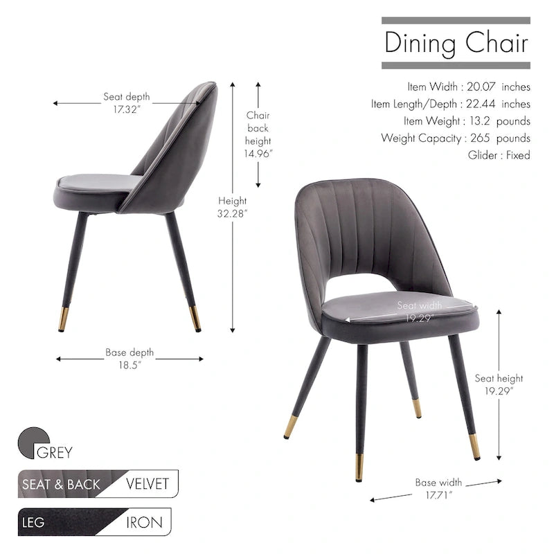 Chaises de salle à manger capitonnées en velours avec embouts dorés, lot de 2 | Sans accoudoirs | 120 kg | 4 coloris