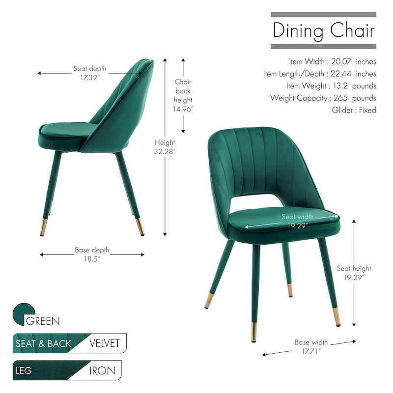 Chaises de salle à manger capitonnées en velours avec embouts dorés, lot de 2 | Sans accoudoirs | 120 kg | 4 coloris