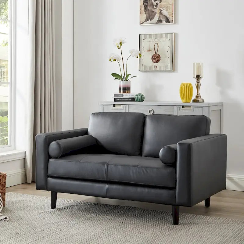 Causeuse de luxe en cuir de vachette avec coussins fermes, design spacieux à 2 places et traversins
