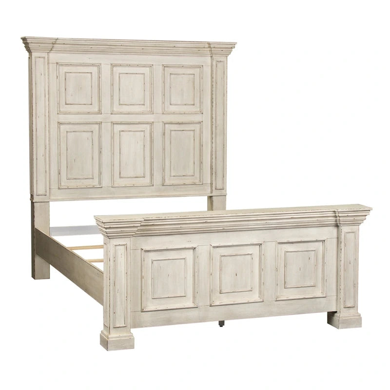 Lit double Queen | Finition vieillie Whitestone | Bois d'hévéa et moulures | Style traditionnel