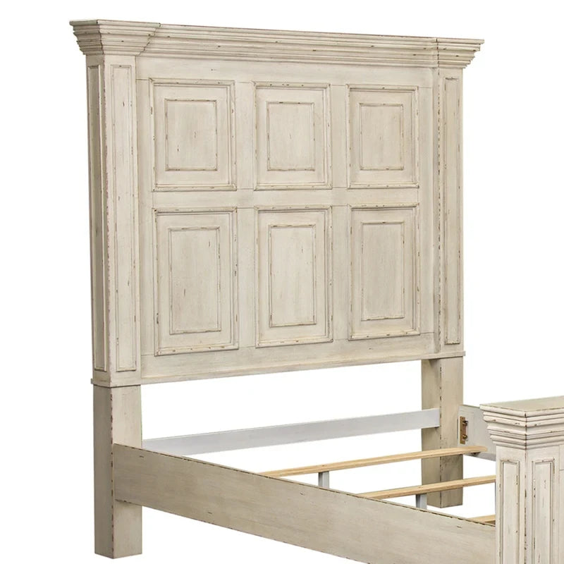 Lit double Queen | Finition vieillie Whitestone | Bois d'hévéa et moulures | Style traditionnel