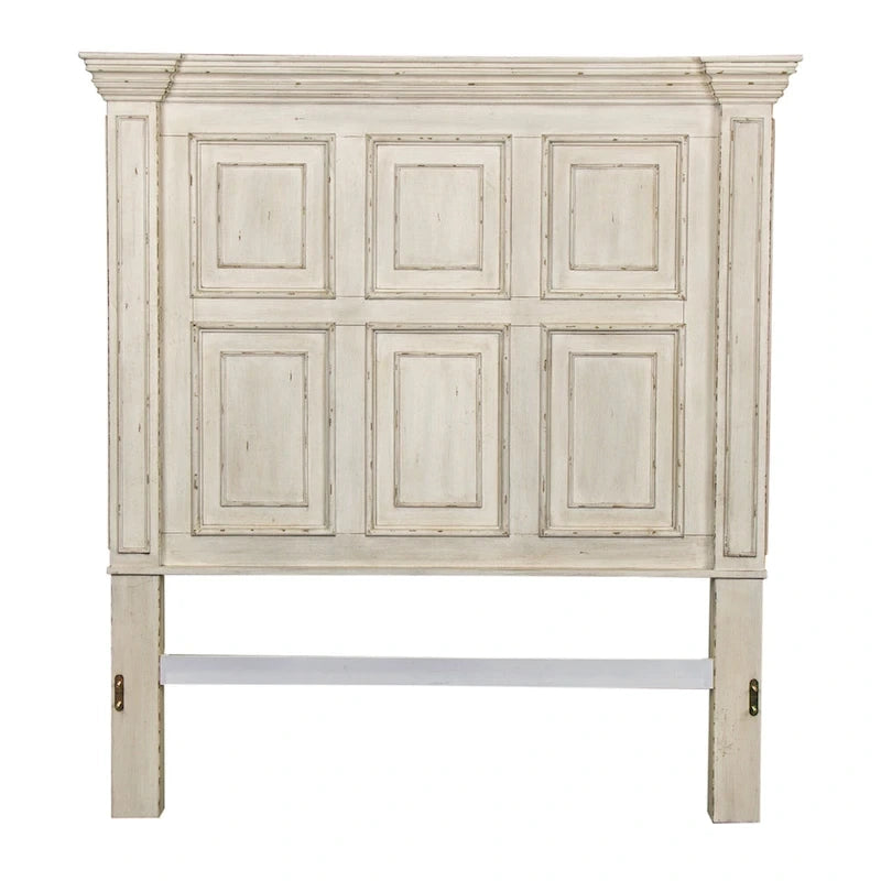 Lit double Queen | Finition vieillie Whitestone | Bois d'hévéa et moulures | Style traditionnel