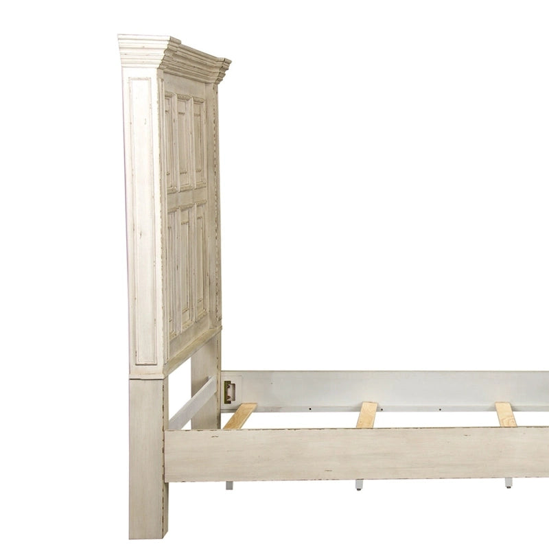 Lit double Queen | Finition vieillie Whitestone | Bois d'hévéa et moulures | Style traditionnel