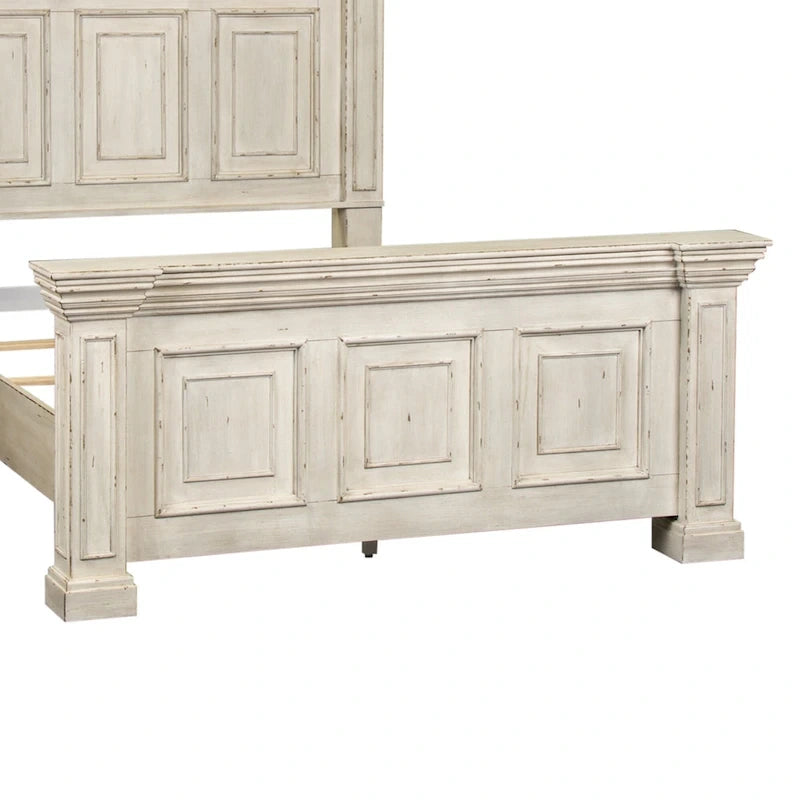 Lit double Queen | Finition vieillie Whitestone | Bois d'hévéa et moulures | Style traditionnel