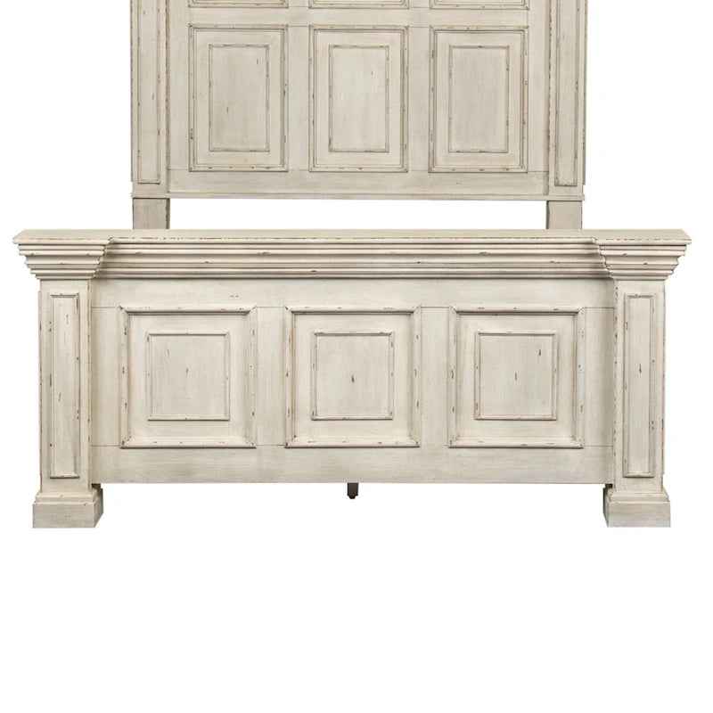 Lit double Queen | Finition vieillie Whitestone | Bois d'hévéa et moulures | Style traditionnel