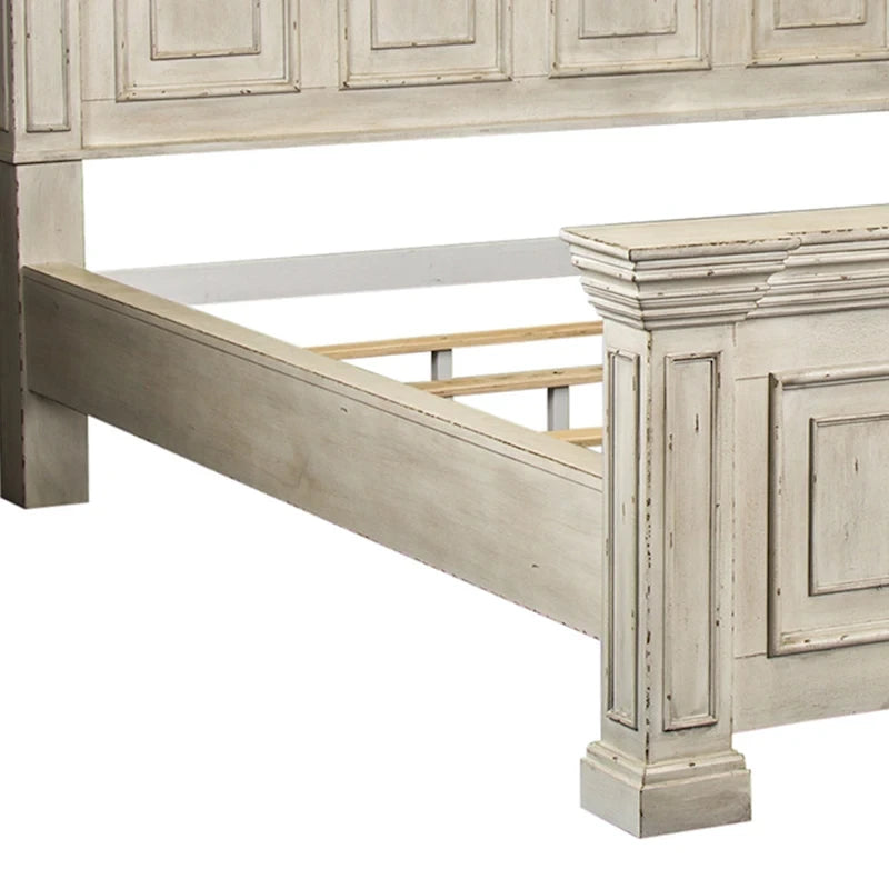 Lit double Queen | Finition vieillie Whitestone | Bois d'hévéa et moulures | Style traditionnel