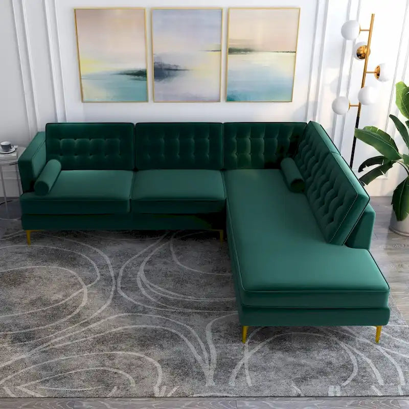 Canapé d'angle modulable capitonné en velours de style Mid-Century avec méridienne | Pieds en métal doré | Convertible | Vert