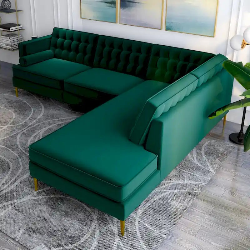 Canapé d'angle modulable capitonné en velours de style Mid-Century avec méridienne | Pieds en métal doré | Convertible | Vert