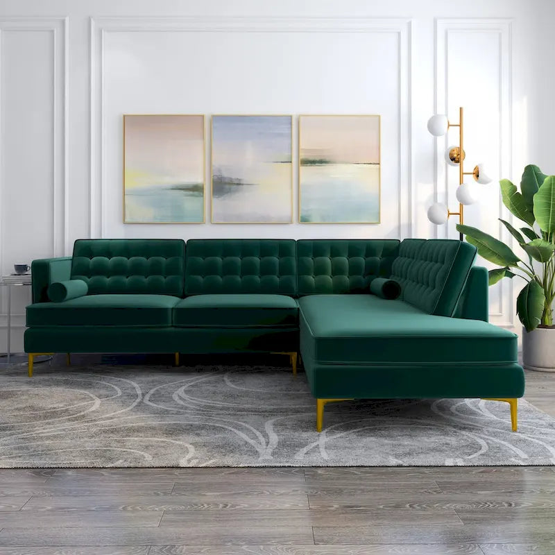 Canapé d'angle modulable capitonné en velours de style Mid-Century avec méridienne | Pieds en métal doré | Convertible | Vert
