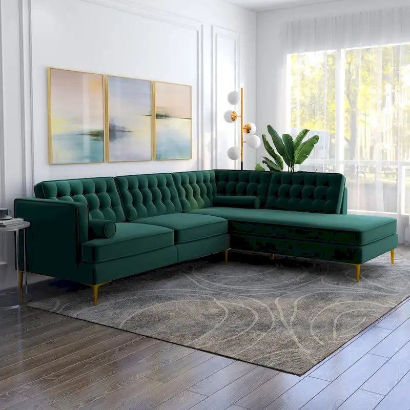 Canapé d'angle modulable capitonné en velours de style Mid-Century avec méridienne | Pieds en métal doré | Convertible | Vert