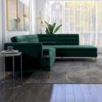 Canapé d'angle modulable capitonné en velours de style Mid-Century avec méridienne | Pieds en métal doré | Convertible | Vert