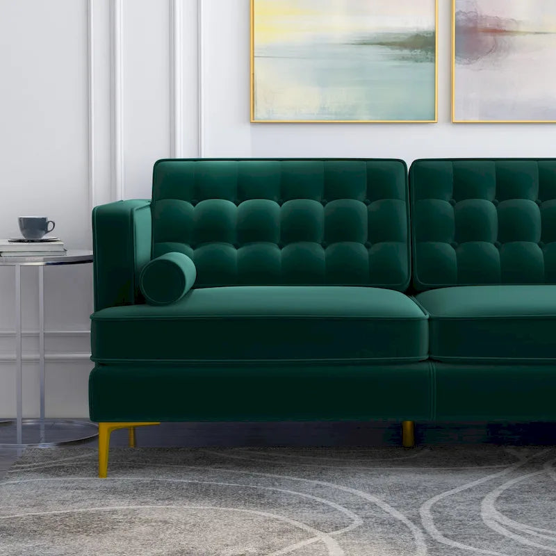 Canapé d'angle modulable capitonné en velours de style Mid-Century avec méridienne | Pieds en métal doré | Convertible | Vert