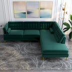 Canapé d'angle modulable capitonné en velours de style Mid-Century avec méridienne | Pieds en métal doré | Convertible | Vert