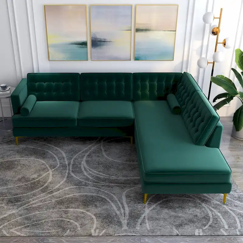 Canapé d'angle modulable capitonné en velours de style Mid-Century avec méridienne | Pieds en métal doré | Convertible | Vert