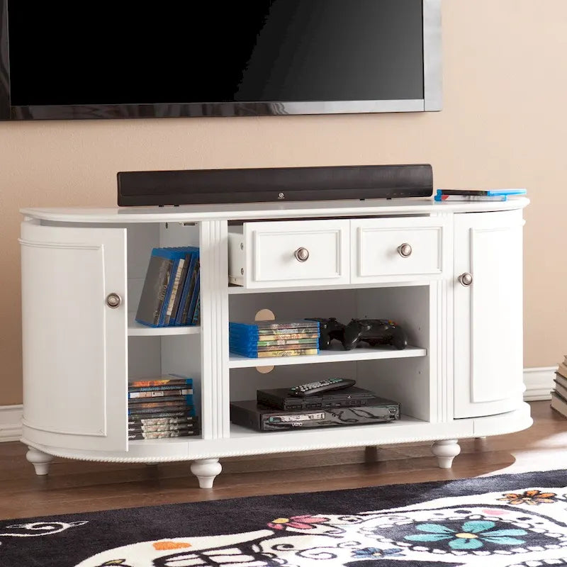 Meuble TV blanc Wells Modern Farmhouse – Console multimédia avec placards incurvés pour téléviseurs jusqu'à 46 po
