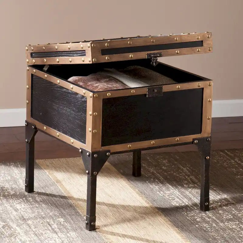 Table d'appoint Azul Antique Trunk – Table d'appoint de rangement vintage avec détails en bronze antique