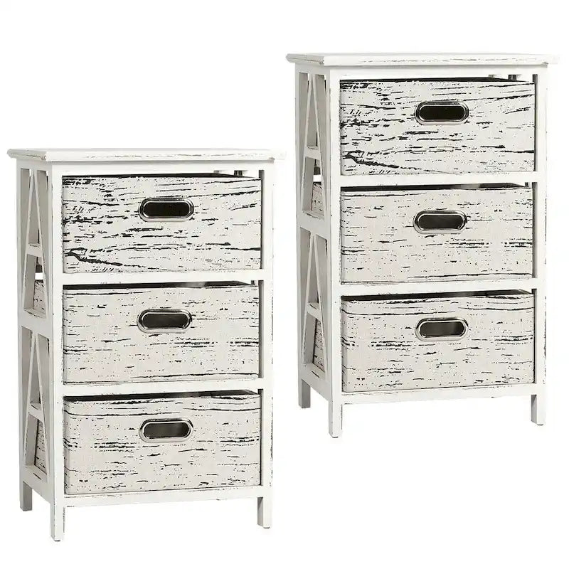Lot de 2 tables de chevet vintage en bois massif avec 3 tiroirs en tissu | Capacité de 50 kg | 40,6 x 30,5 x 62,2 cm