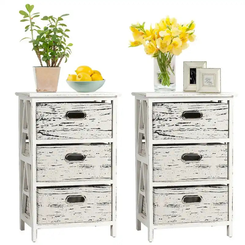 Lot de 2 tables de chevet vintage en bois massif avec 3 tiroirs en tissu | Capacité de 50 kg | 40,6 x 30,5 x 62,2 cm