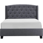 Lit King Size Elle, profil bas, tête de lit capitonnée, gris