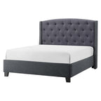 Lit King Size Elle, profil bas, tête de lit capitonnée, gris