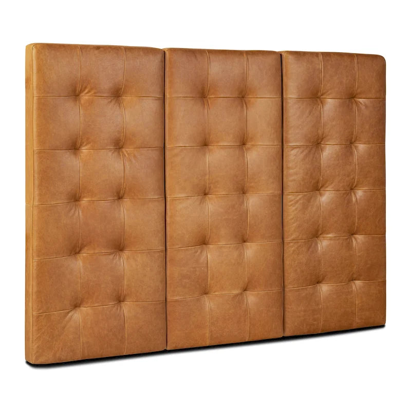 Tête de lit murale capitonnée en cuir pleine fleur italien | 3 panneaux | Grand lit et très grand lit | Tan clair