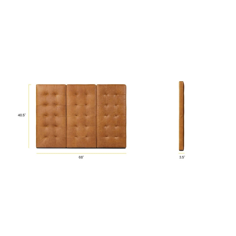 Tête de lit murale capitonnée en cuir pleine fleur italien | 3 panneaux | Grand lit et très grand lit | Tan clair