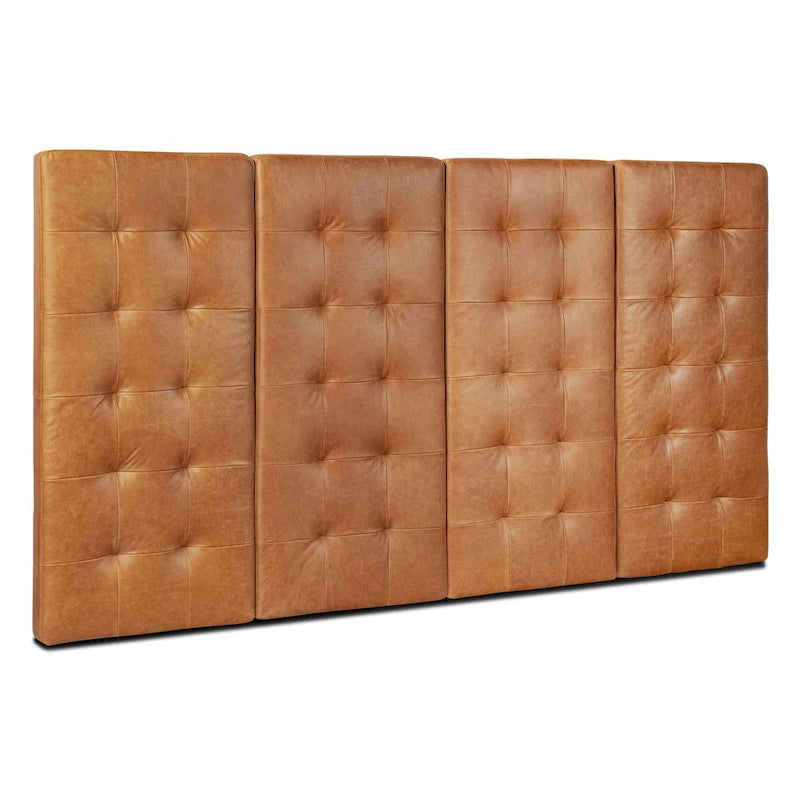 Tête de lit murale capitonnée en cuir pleine fleur italien | 3 panneaux | Grand lit et très grand lit | Tan clair